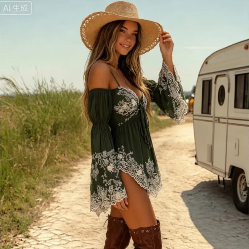 Sexy off the Shoulder Dress Flare Sleeve Strapless High Waist Mini Dress Irregular Hem Floral Printed Cowboy West Dress
