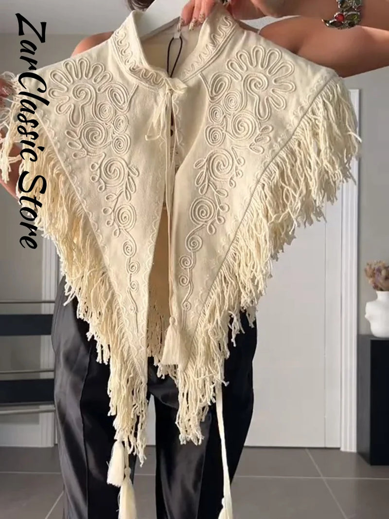Vintage Embroidery Tassel Shawl Summer Stand Neck Sleeveless Lace up Irregular Women'S Top New Casual Elegant Clothes 2026