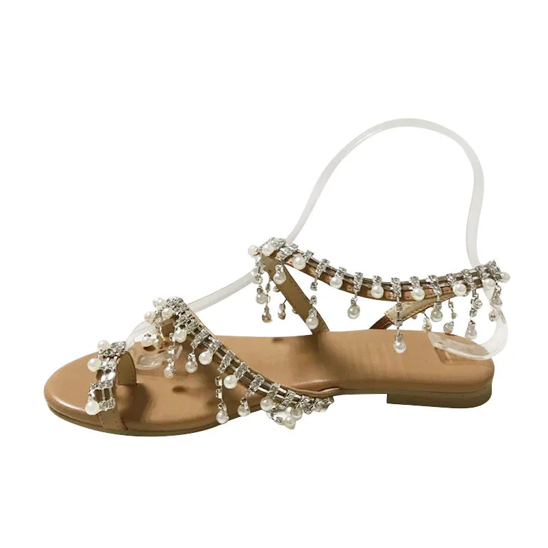 Ladies' New Summer Pearl Sandals Women Comfortable Beach Shoes Ankle Strap Open Toe Sandals Casual Lightweight Women Slippers