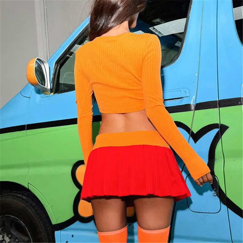 Combhasaki Halloween Velma Costume for Women Orange Long Sleeve Crop Top and Pleated Mini Skirt with Stockings Cosplay Outfits