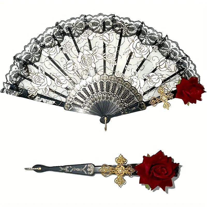 1Pc/2Pcs Vintage Spanish Flamenco Rose Lace Handheld Fan Elegant Black Folding Fan for Parties and Weddings