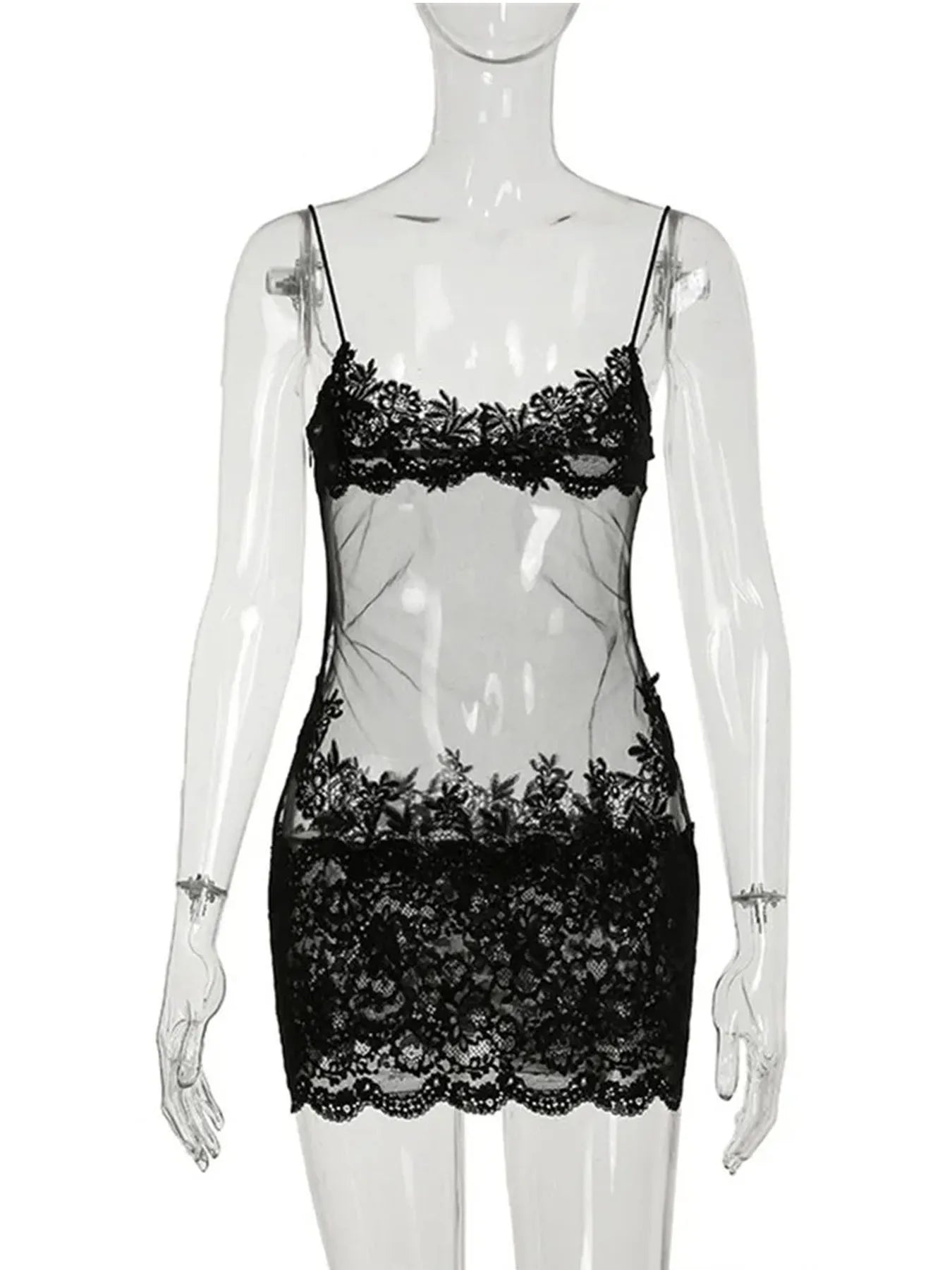 Lace Transparent Mini Dress Sexy Women Wrapping Spaghetti Embroidery Flower Sheath Nightwear Club Mesh Wave Fantacy