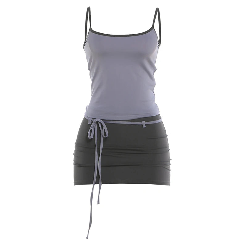 Contrast Patchwork 2 Piece Set Woman Summer Trend Low-Neck Backless Camisole Tops+Bandage Tassel Mini Skirt Y2K Style Suit