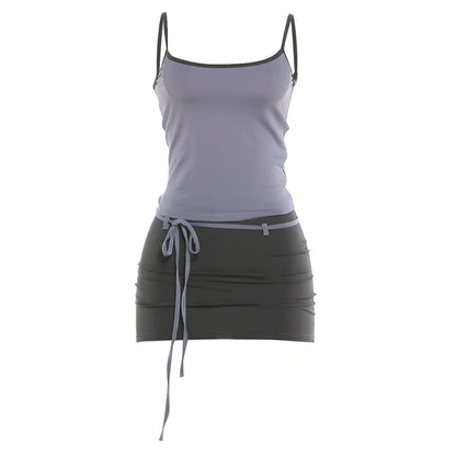 Contrast Patchwork 2 Piece Set Woman Summer Trend Low-Neck Backless Camisole Tops+Bandage Tassel Mini Skirt Y2K Style Suit
