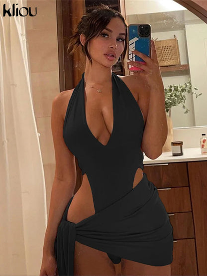 Solid Deep V Sexy Two Piece Sets Midnight Club Halter Top and Skirt Backless Summer Partywear Hollow Out Ruched Women Set
