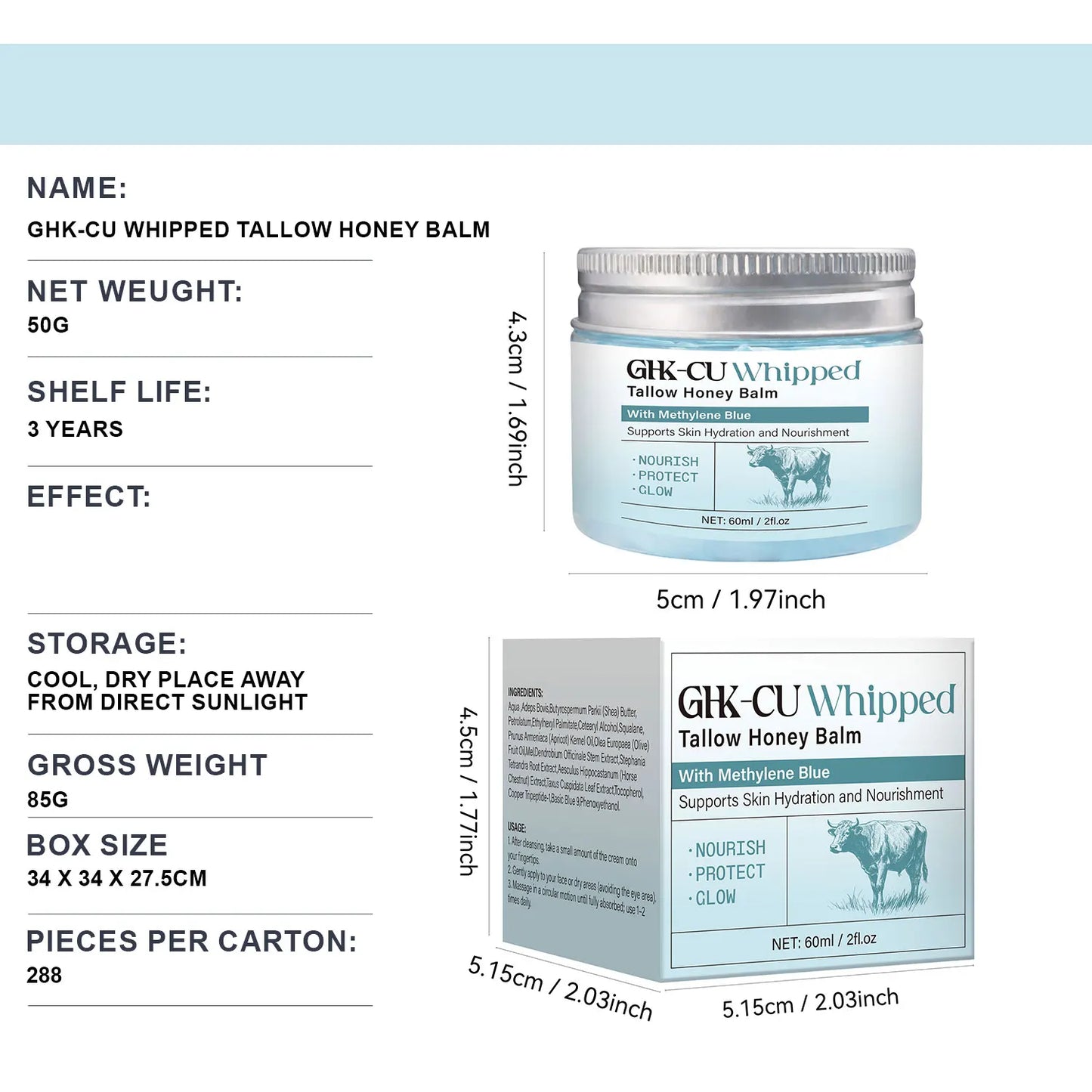 Copper Peptides Ghk-Cu Beef Tallow for Skin, Blue Balm with Copper Peptides, Manuka Honey & Vitamin E, Natural Face Moisturizer