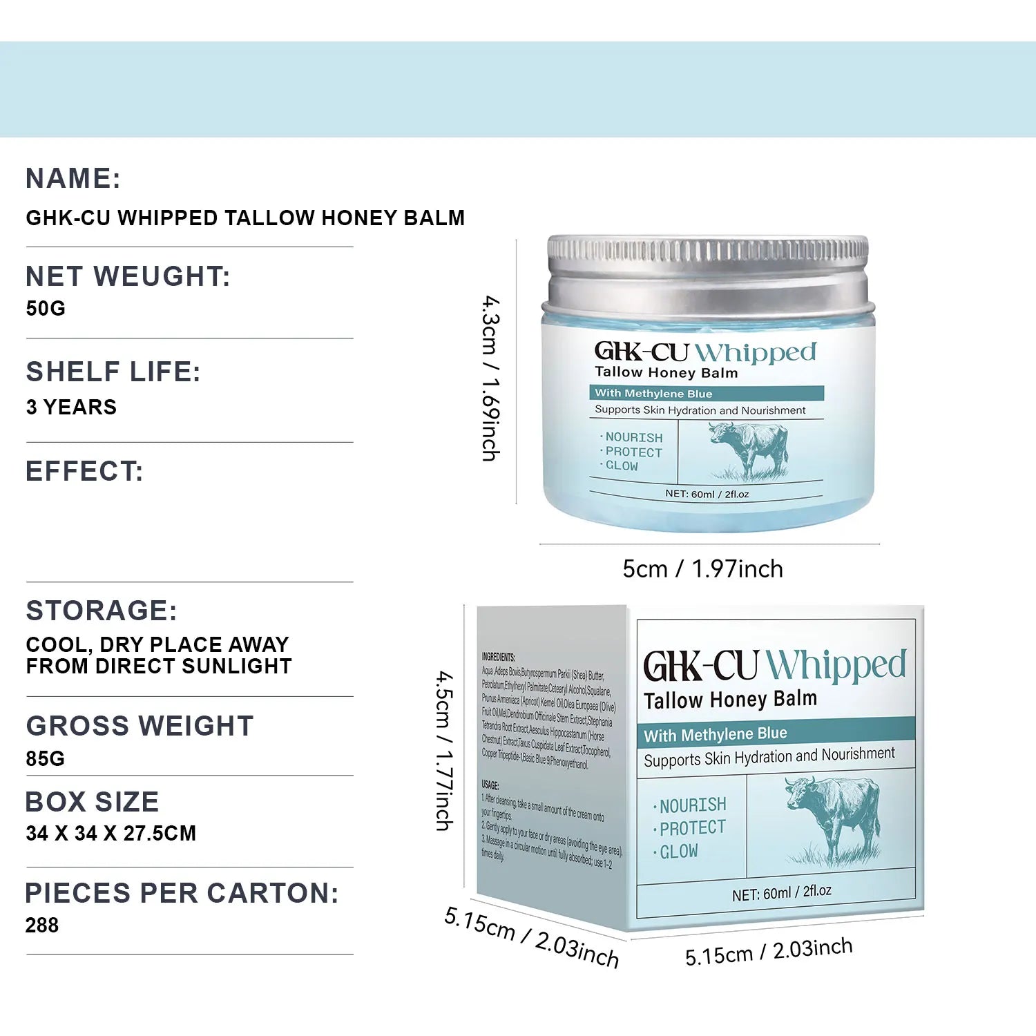 Copper Peptides Ghk-Cu Beef Tallow for Skin, Blue Balm with Copper Peptides, Manuka Honey & Vitamin E, Natural Face Moisturizer