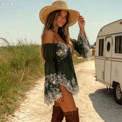Sexy off the Shoulder Dress Flare Sleeve Strapless High Waist Mini Dress Irregular Hem Floral Printed Cowboy West Dress