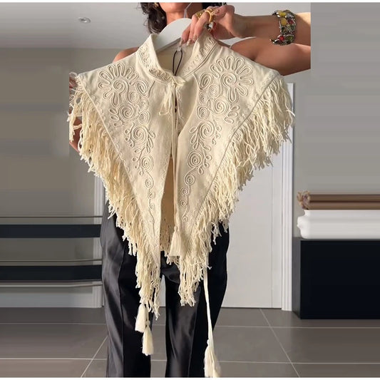 Vintage Embroidery Tassel Shawl Summer Stand Neck Sleeveless Lace up Irregular Women'S Top New Casual Elegant Clothes 2026