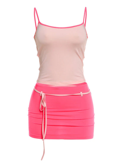 Contrast Patchwork 2 Piece Set Woman Summer Trend Low-Neck Backless Camisole Tops+Bandage Tassel Mini Skirt Y2K Style Suit