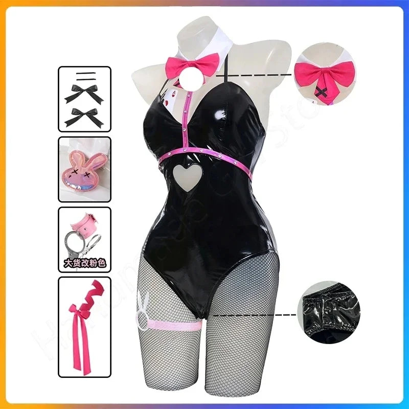 Anime Miku Rabbit Cosplay Hole Black Leather Bunny Girl Sexy Cute Halloween Cosplay Costume Headdresses Clothes Bows Girl Wig