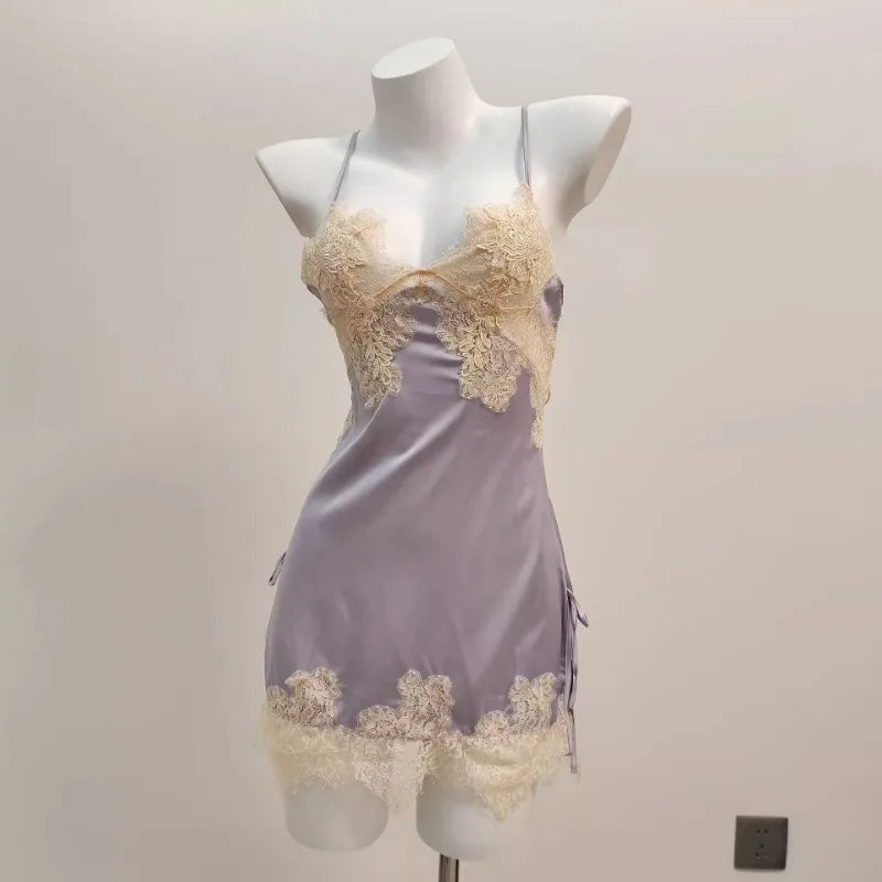 Sexy Pajamas for Women Nightwear Ice Silk Lace Beautiful Back Suspender Pajama Night Dress Elegant Strap Sweet Nightgown 2025