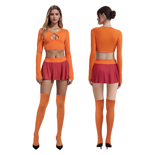 Combhasaki Halloween Velma Costume for Women Orange Long Sleeve Crop Top and Pleated Mini Skirt with Stockings Cosplay Outfits