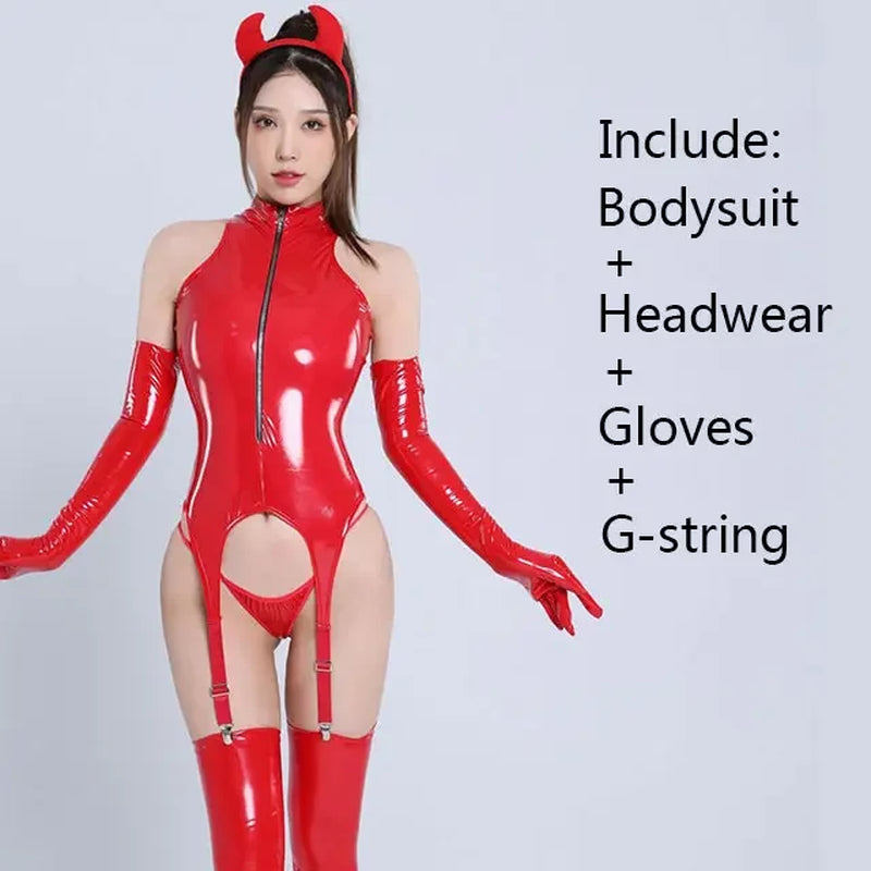 Womens Sexy Erotic Latex Leather Bodysuit Cupless Crotchless Teddy Leather Lingerie Latex Catsuit Fetish Teddies Costume