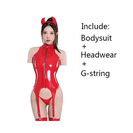 Womens Sexy Erotic Latex Leather Bodysuit Cupless Crotchless Teddy Leather Lingerie Latex Catsuit Fetish Teddies Costume