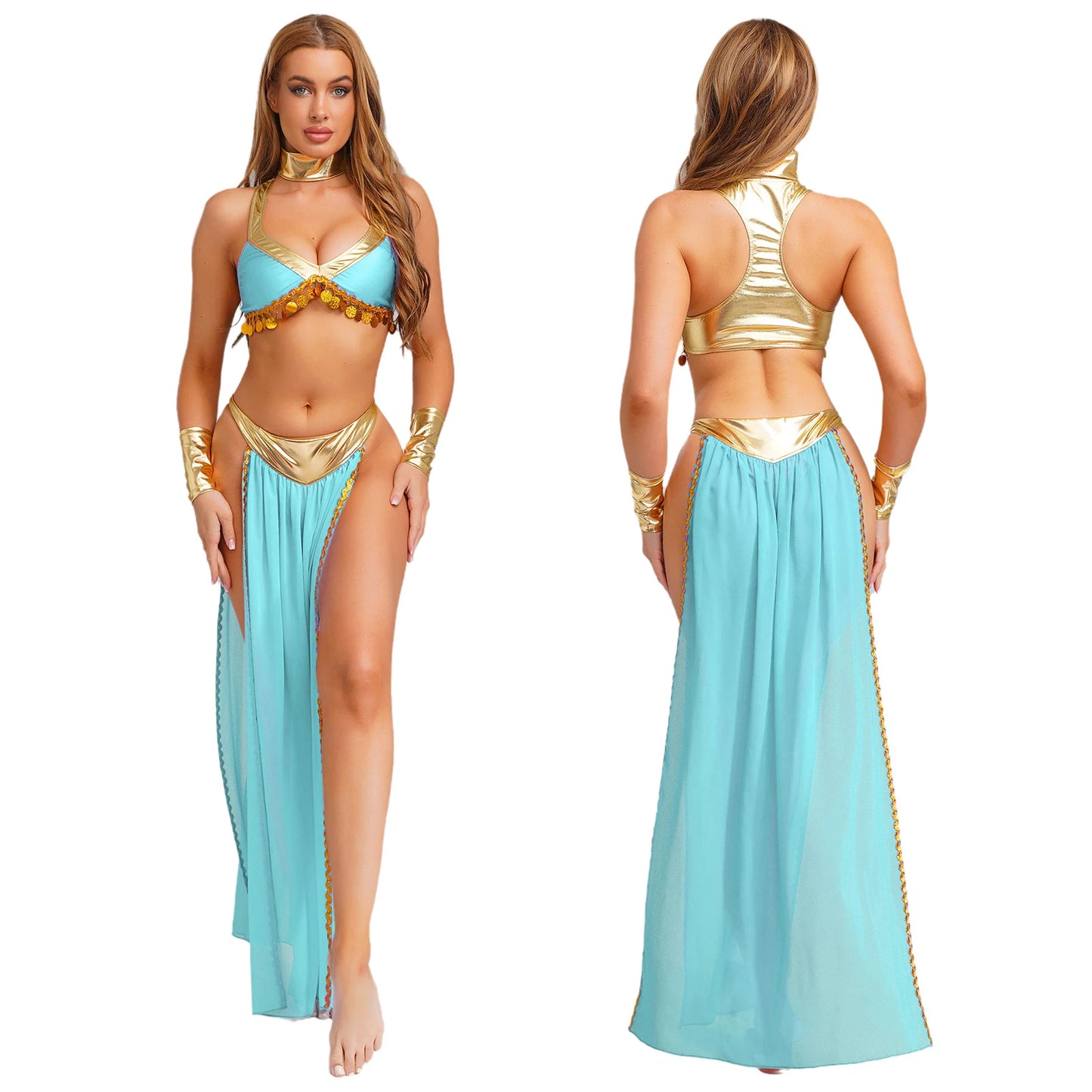 Women Halloween Cleopatra Ancient Egyptian Queen Sun Goddesses Cosplay Costume Belly Indian Dance Outfit Crop Top with Skirt