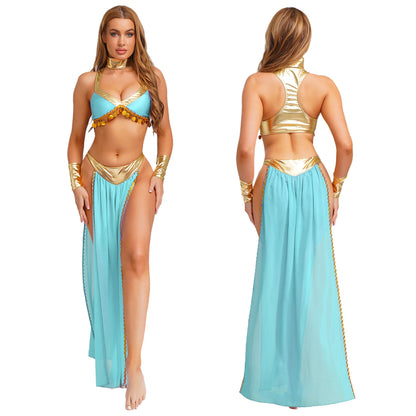 Women Halloween Cleopatra Ancient Egyptian Queen Sun Goddesses Cosplay Costume Belly Indian Dance Outfit Crop Top with Skirt