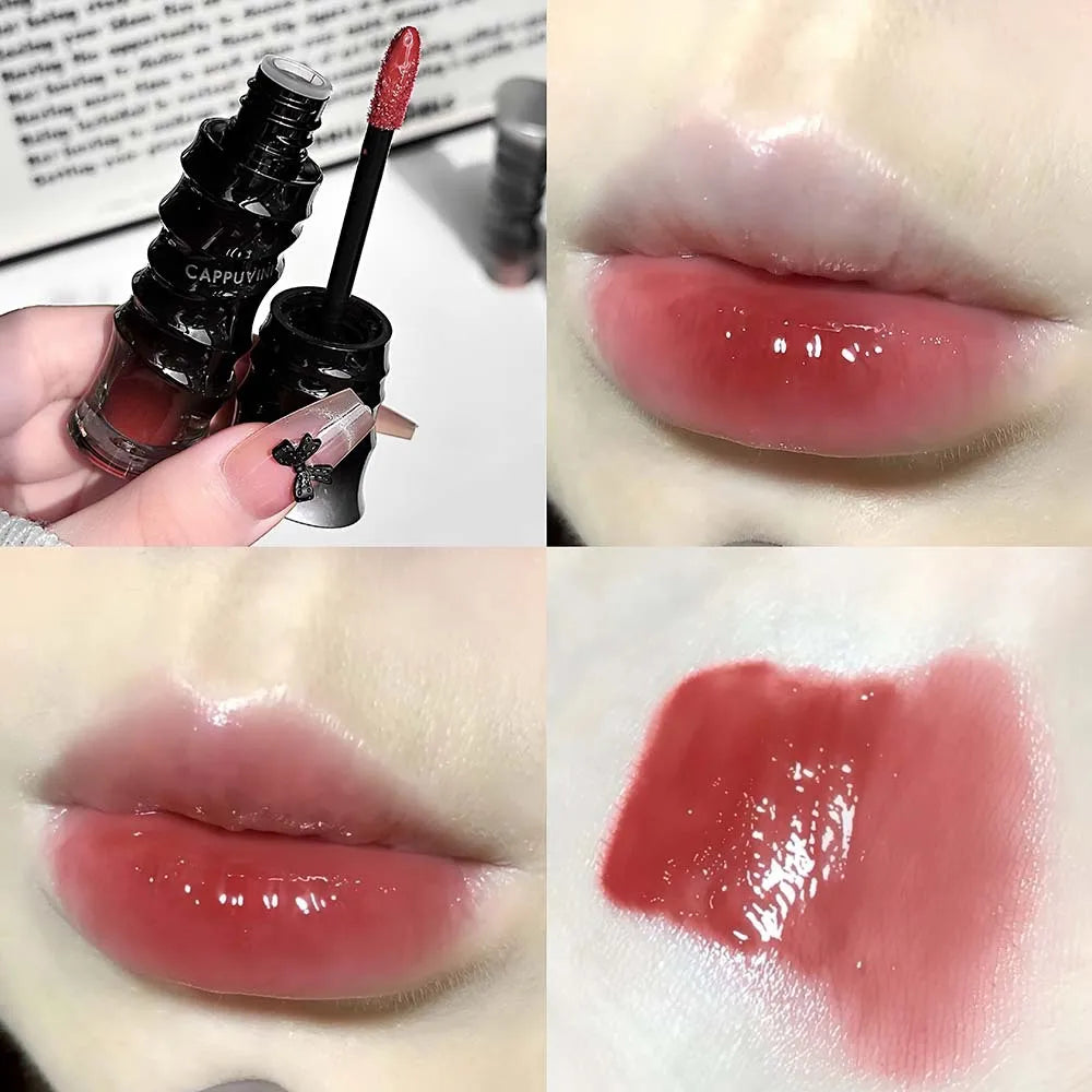 Punk Dark Red Lip Gloss Mirror Shine Silky Moisturizing Texture Lip Glaze Non-Sticky Chocolate Red Cherry Watery Glossy Lip Tint
