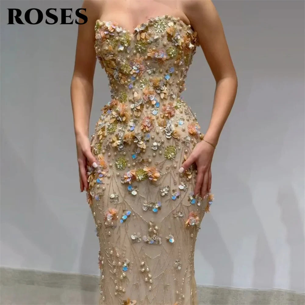 ROSES Champagne Party Dress Sweetheart Mermaid Evening Dresses with 3D Floral فساتين السهرة Gala Dress Customized