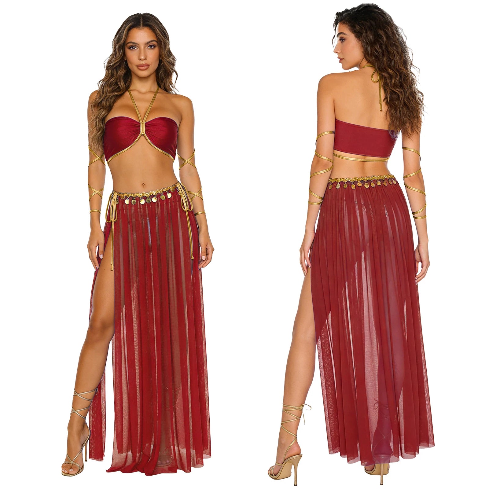 Women Halloween Cleopatra Ancient Egyptian Queen Sun Goddesses Cosplay Costume Belly Indian Dance Outfit Crop Top with Skirt