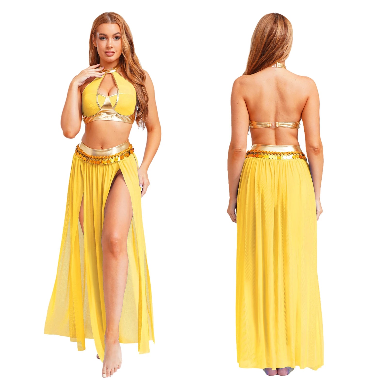 Women Halloween Cleopatra Ancient Egyptian Queen Sun Goddesses Cosplay Costume Belly Indian Dance Outfit Crop Top with Skirt