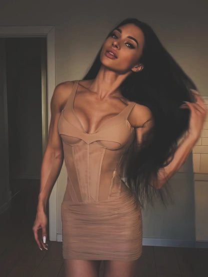 Sexy Solid Fishbone V-Neck Dress Women Elegant Solid Sleeveless Pleated Slim Waist-Cinching Mini Dresses 2026 Summer Party Gown