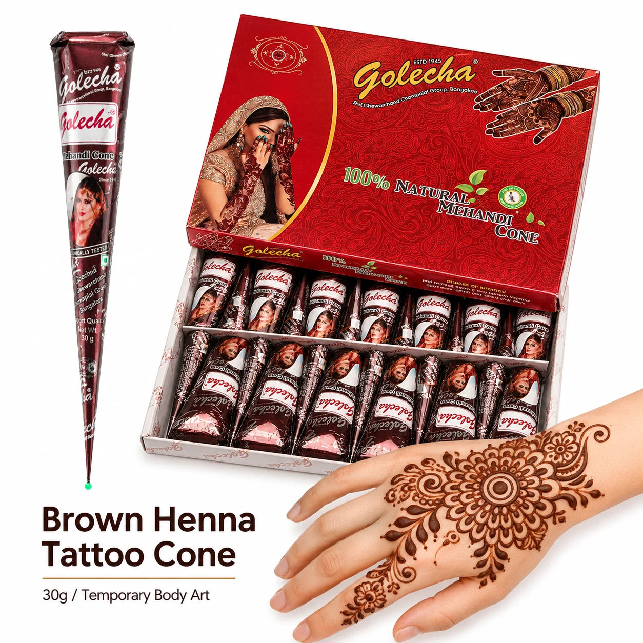 GOLECHA Brown Henna Freckle Tattoo Paste 30G Natural Body Paint Cone for Faux Freckles Temporary Tattoo Skin Tint Mehndi Art