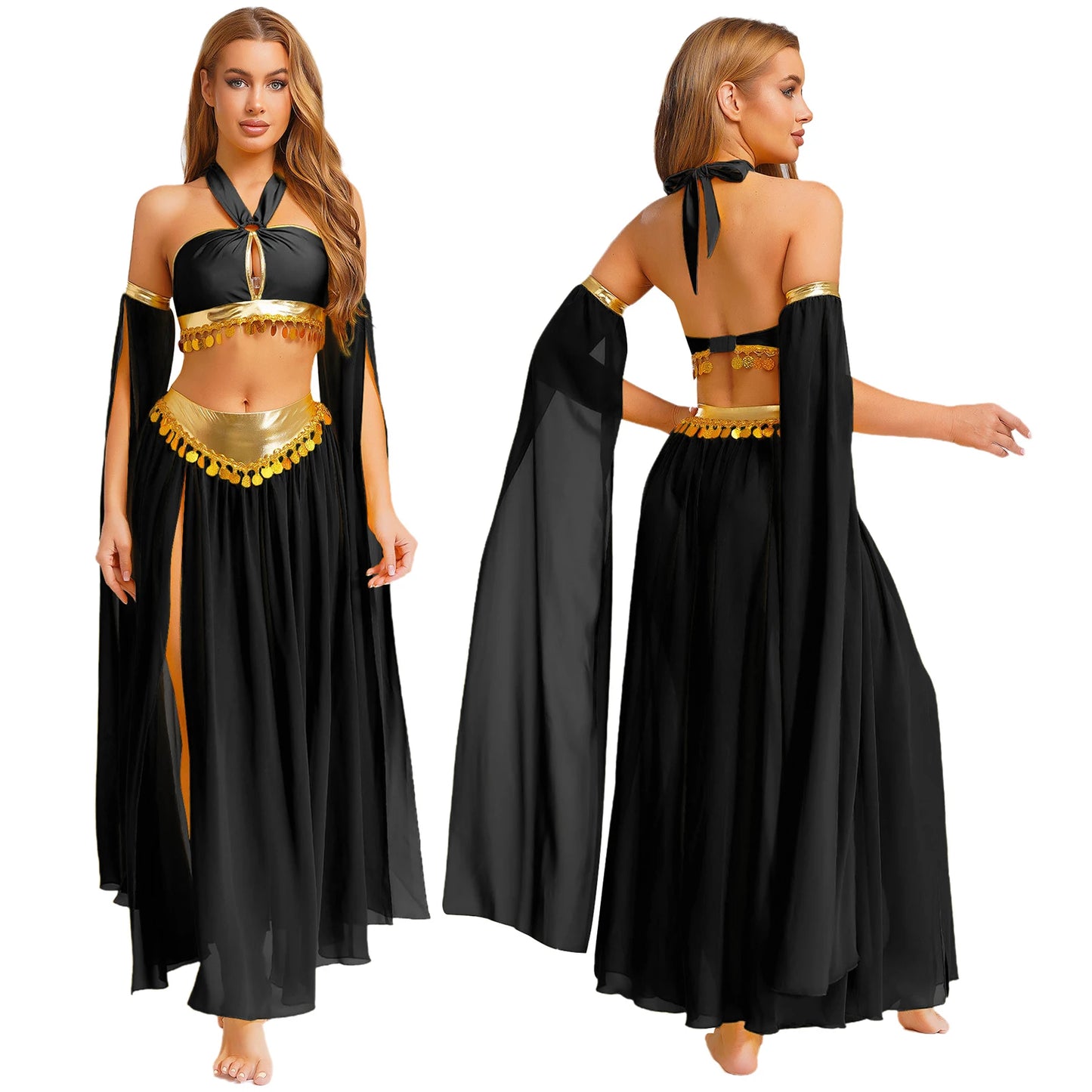 Women Halloween Cleopatra Ancient Egyptian Queen Sun Goddesses Cosplay Costume Belly Indian Dance Outfit Crop Top with Skirt