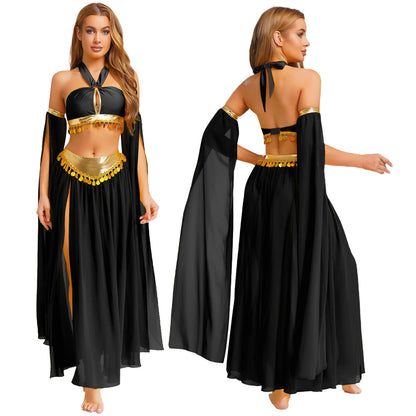 Women Halloween Cleopatra Ancient Egyptian Queen Sun Goddesses Cosplay Costume Belly Indian Dance Outfit Crop Top with Skirt