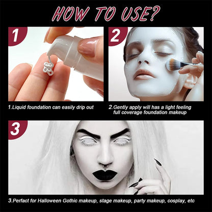 White Liquid Foundation, Full Coverage Heavy Duty Coverage, Creamy Liquid Formula for Goth Makeup, Cosplay, LongLasting Matte