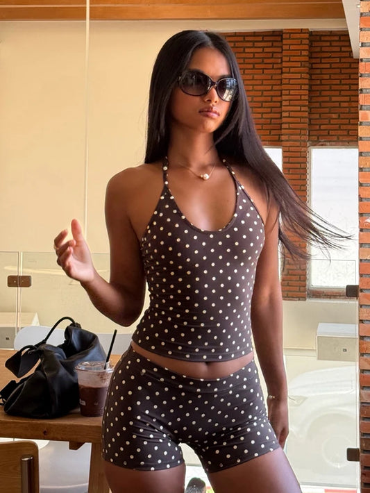 Polka Dot Print 2 Piece Set Women Trend Hottie Backless Halter Sleeveless Tank Top+Bike Short Fashion Street Clubwear
