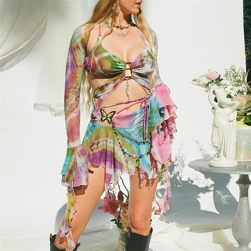 Women Y2K Ruffle Butterfly 2 Piece Outfit Sexy Fairy Backless Crop Top Wrap Mini Skirt Set Rave Festival Matching Set