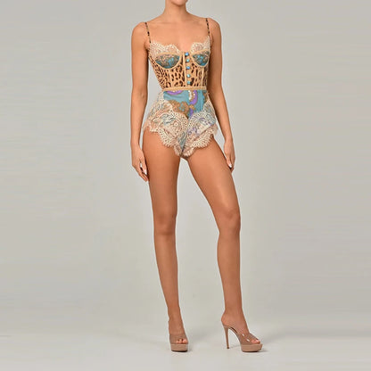 Women Elegant Lace Patchwork Print Party Romper Casual Sleeveless Slim Vacation Playsuit Sexy off Shoulder Summer Short Jumpsuit