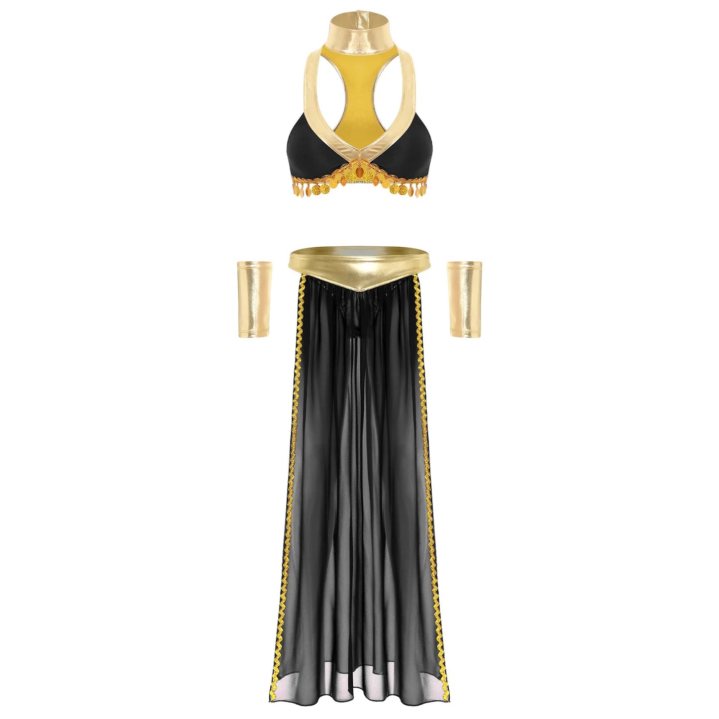Women Halloween Cleopatra Ancient Egyptian Queen Sun Goddesses Cosplay Costume Belly Indian Dance Outfit Crop Top with Skirt
