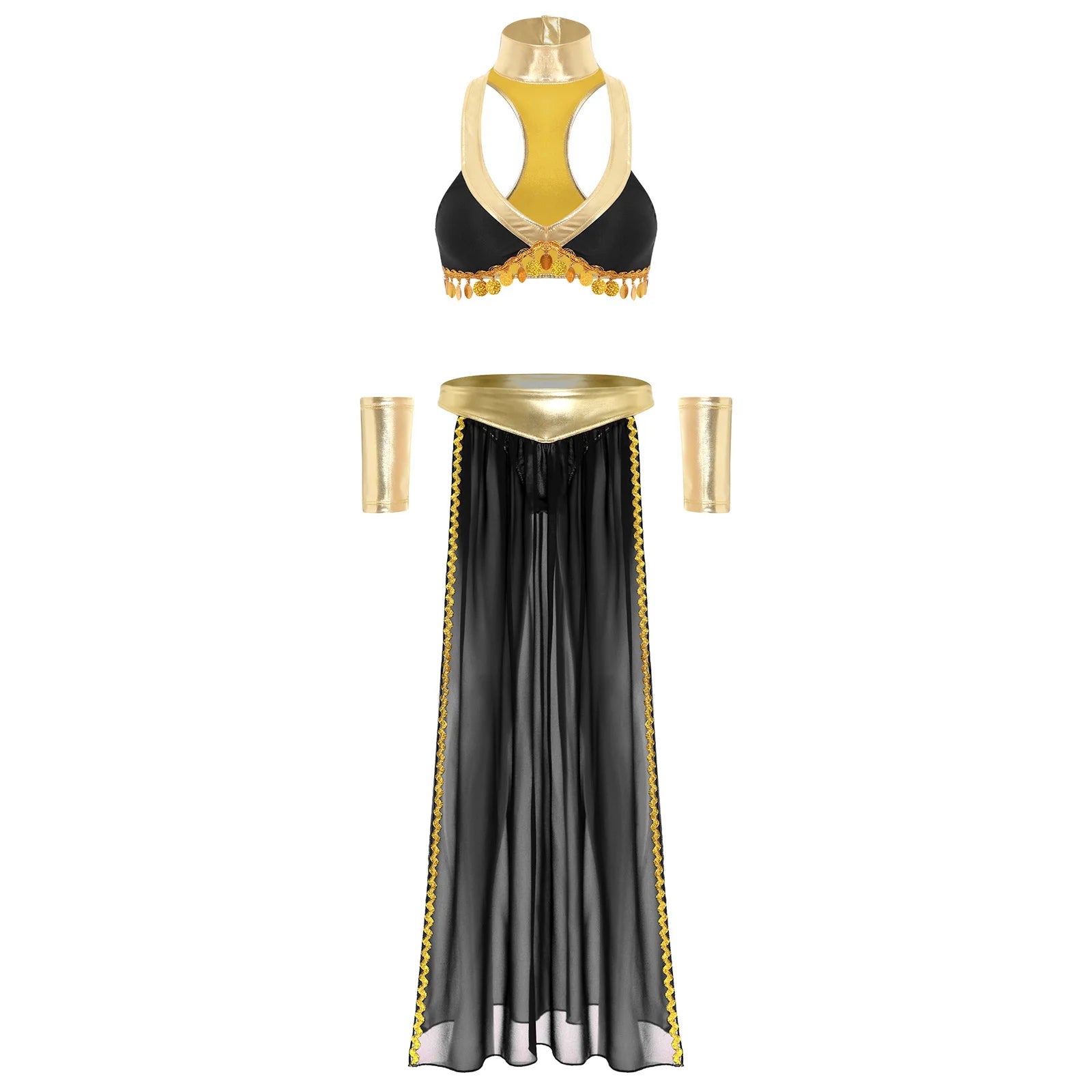 Women Halloween Cleopatra Ancient Egyptian Queen Sun Goddesses Cosplay Costume Belly Indian Dance Outfit Crop Top with Skirt