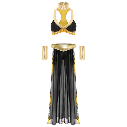 Women Halloween Cleopatra Ancient Egyptian Queen Sun Goddesses Cosplay Costume Belly Indian Dance Outfit Crop Top with Skirt