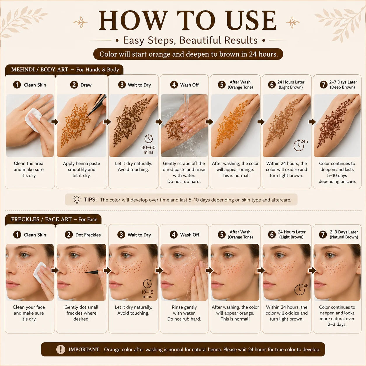 GOLECHA Brown Henna Freckle Tattoo Paste 30G Natural Body Paint Cone for Faux Freckles Temporary Tattoo Skin Tint Mehndi Art
