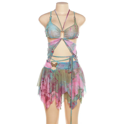 Women Y2K Ruffle Butterfly 2 Piece Outfit Sexy Fairy Backless Crop Top Wrap Mini Skirt Set Rave Festival Matching Set