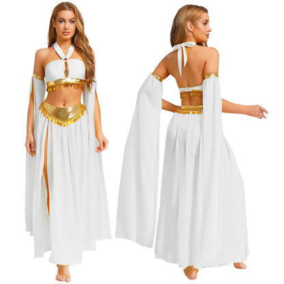 Women Halloween Cleopatra Ancient Egyptian Queen Sun Goddesses Cosplay Costume Belly Indian Dance Outfit Crop Top with Skirt