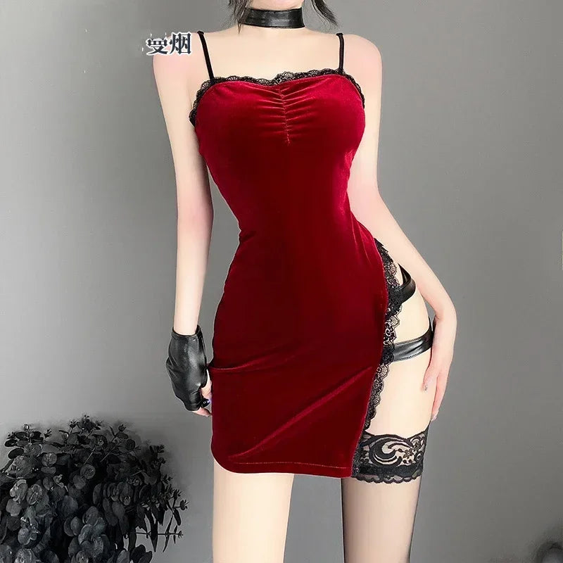 Movie Ada Wong Cos Heroine Secret Service Spy Dress Uniform Halloween Women Red Lace Outfits Cosplay Costume
