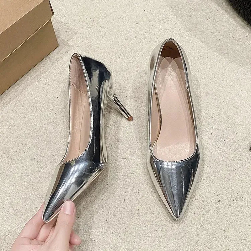 Soft Leather Sliver Gold High Heels 8/10Cm Shoe Fashion Women Pumps Pointed Toe Slip-On Office Woman Wedding Shoes Large Size 43