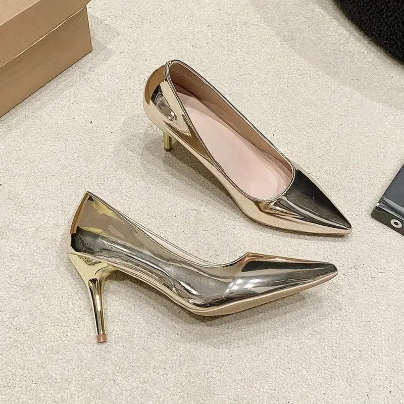 Soft Leather Sliver Gold High Heels 8/10Cm Shoe Fashion Women Pumps Pointed Toe Slip-On Office Woman Wedding Shoes Large Size 43