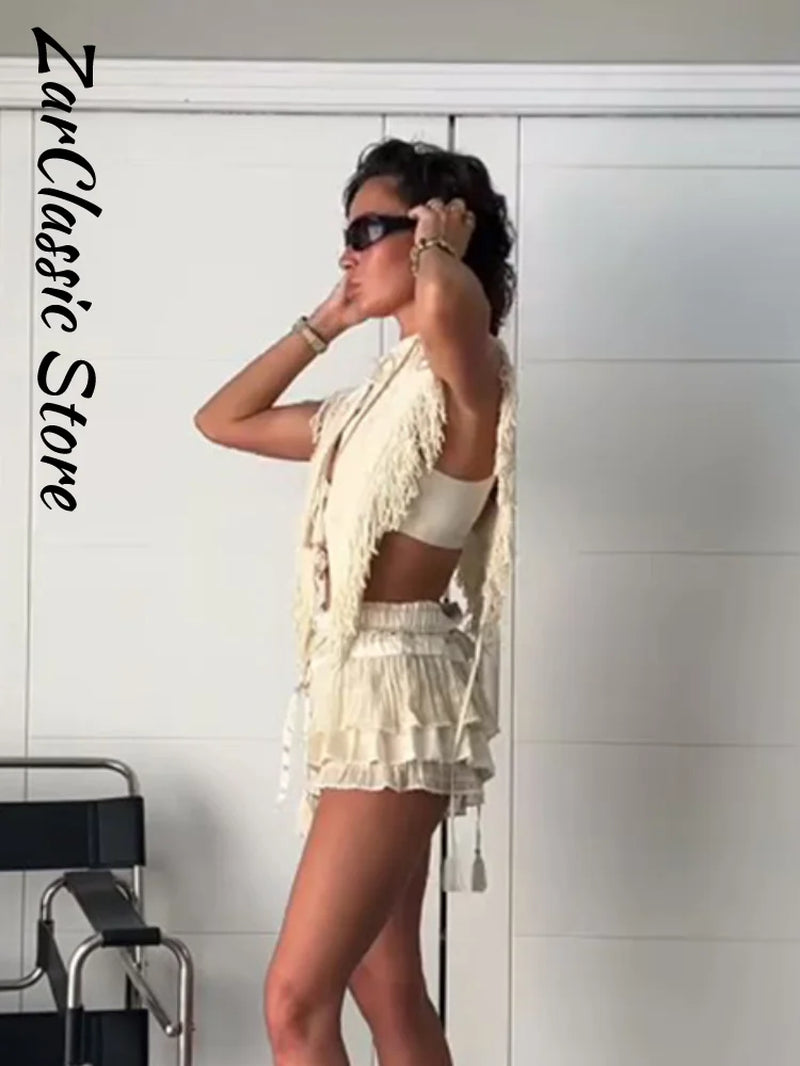 Vintage Embroidery Tassel Shawl Summer Stand Neck Sleeveless Lace up Irregular Women'S Top New Casual Elegant Clothes 2026