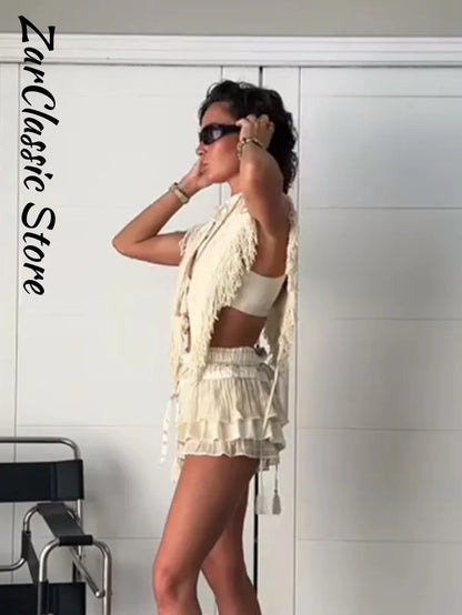 Vintage Embroidery Tassel Shawl Summer Stand Neck Sleeveless Lace up Irregular Women'S Top New Casual Elegant Clothes 2026