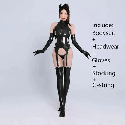Womens Sexy Erotic Latex Leather Bodysuit Cupless Crotchless Teddy Leather Lingerie Latex Catsuit Fetish Teddies Costume