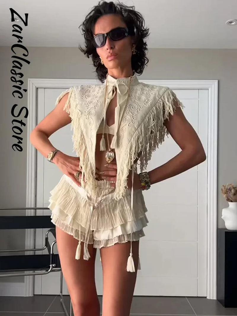 Vintage Embroidery Tassel Shawl Summer Stand Neck Sleeveless Lace up Irregular Women'S Top New Casual Elegant Clothes 2026