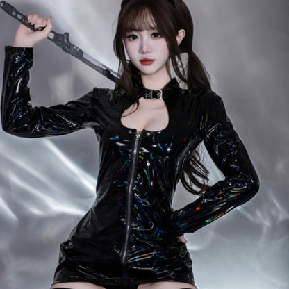 Catwoman Hero Laser Leather Tight Dress Stockings Female Agent Outfit Cosplay Costumes Iridesy Lacquer Nightdress Nightclub