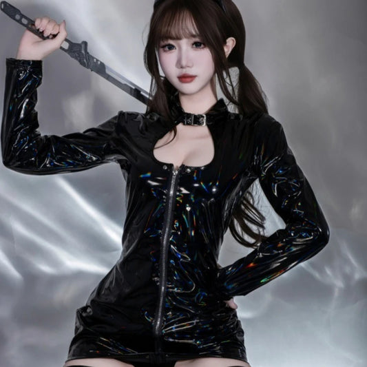 Catwoman Hero Laser Leather Tight Dress Stockings Female Agent Outfit Cosplay Costumes Iridesy Lacquer Nightdress Nightclub
