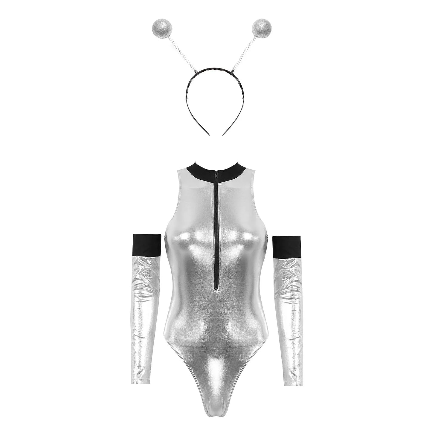 Womens Halloween Space Alien Cospaly Costume Astronaut Robot Role Play Party Metallic Shiny Zipper Bodysuit with Hair Hoop Set