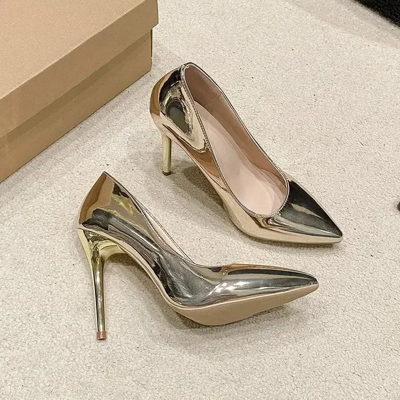 Soft Leather Sliver Gold High Heels 8/10Cm Shoe Fashion Women Pumps Pointed Toe Slip-On Office Woman Wedding Shoes Large Size 43